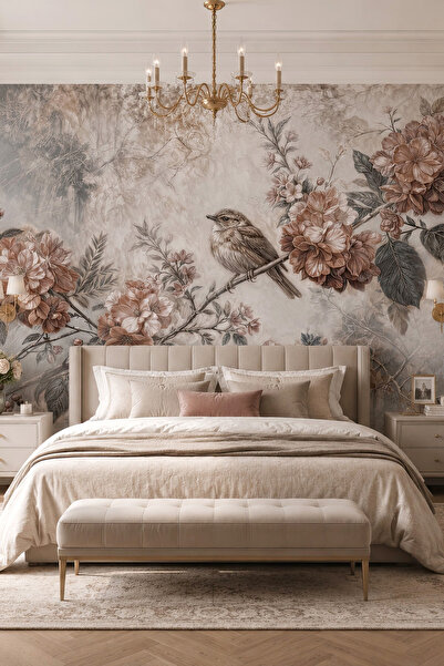dreamwall Gümüş Bahçe Kuş ve Botanik Desenli Tek Parça Tekstil Duvar Kağıdı