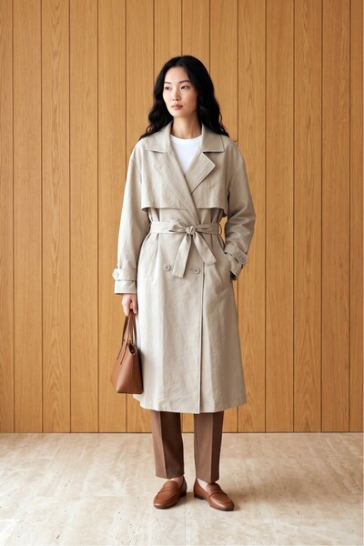 MODAQU Women's Trench Coat with Belted Epaulettes and Bolero Stone
