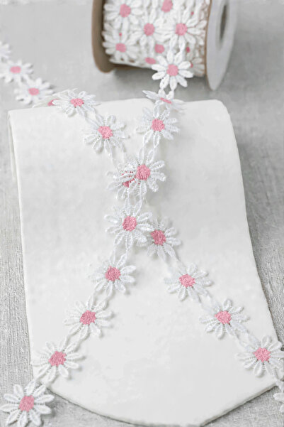 Ak Tuhafiye Daisy Patterned Batik Pink Guipure Lace Ribbon-Applique-Decoratio...