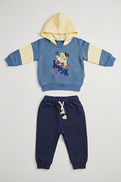 zumino Baby Boy Hooded Skateboard Teddy Bear Printed Tracksuit Set
