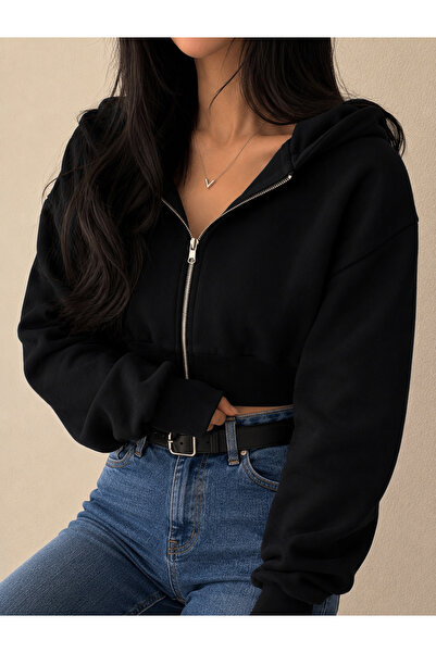 SANTAMİLA Black Cropped Hooded Zippered Short Cardigan