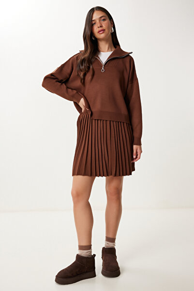 Lovelyİstanbul Knitwear Sweater Skirt Set Lpf0115 Brown
