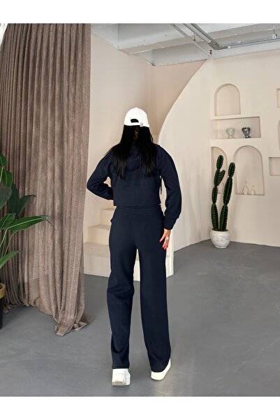 NOTHING Kadın Premium Selanik Kumaş Crop Fermuarlı Kapüşonlu & Wide Leg Pantolon İkili Takım GN-0095