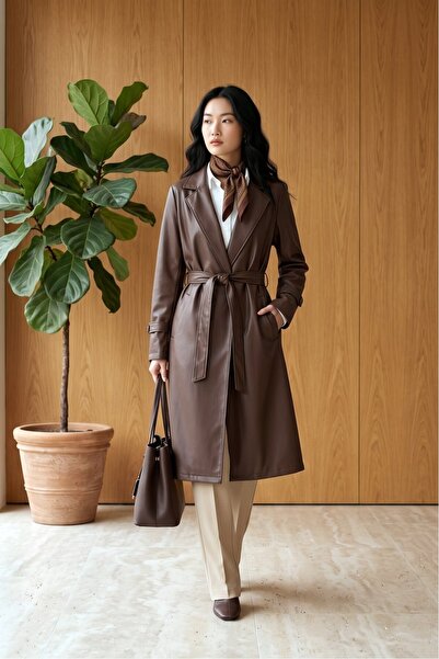 MODAQU Double Pocket Belted Leather Trench Coat Women's Brown