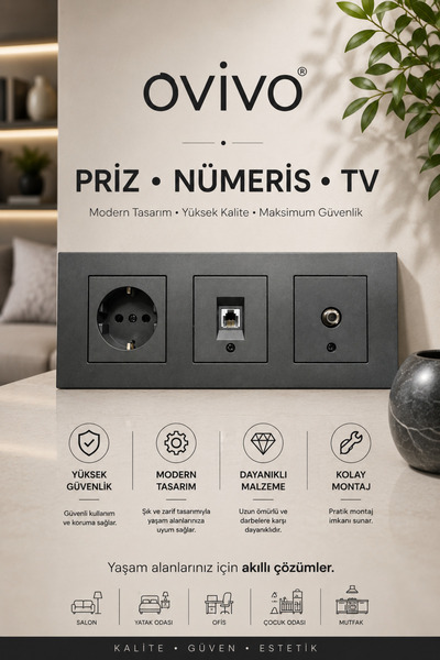 OVİVO Grano Füme Üçlü Set Topraklı Priz Nümeris TV Üçlü Çerçeve