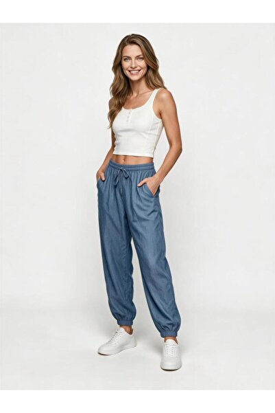 Genel Markalar Kadın Mavi Tencel Jogger Pantolon - Beli Bağcıklı Denim Görünü...