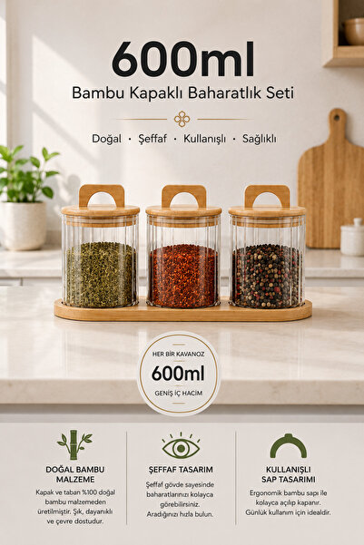 3'lü Bambu Standlı Kulplu Çizgili Cam Baharatlık Seti 600 ml - Vakumlu Bambu Kapaklı Kavanoz Takımı (3x600 ml) Ahşap Tepsili Baharat Takımı