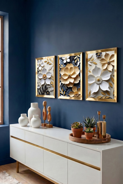 Luna Concept Gold Çerceveli Ayna Pleksili 3'lü Set Modern Tasarım Yeni Ev Hediyesi Tablo