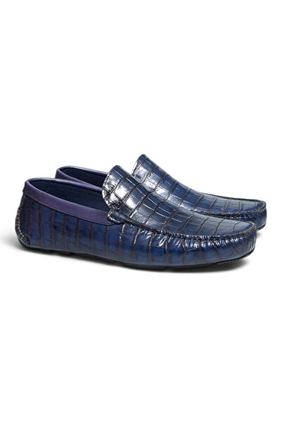 FRANCO CALVANI Dark Blue Kroco Dark Blue Color Laceless Genuine Leather Men's...