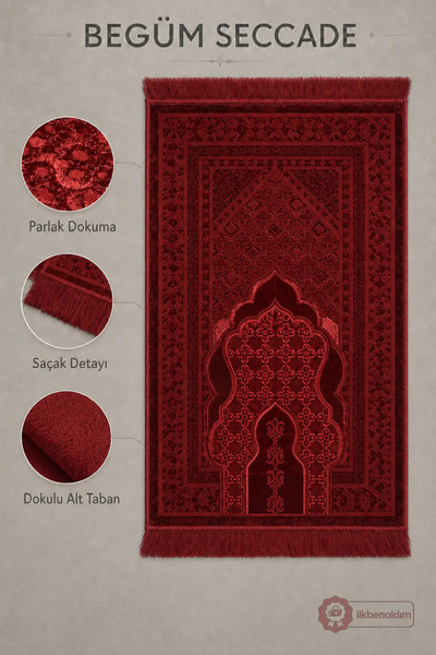 İlkbenaldim Begüm Woven Prayer Rug with Fringes and Textured Bottom Base |   Red