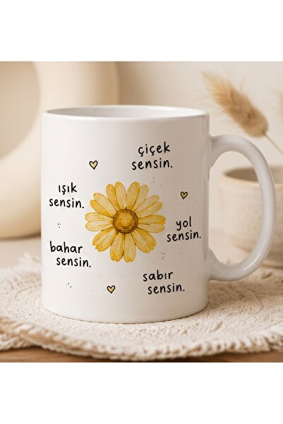 PURPLESKY Çiçek Sensin | Sarı Papatya Desenli Şık Kupa Bardak