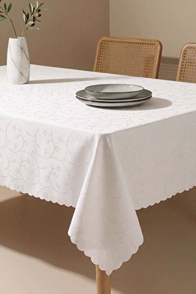 Rivaİstanbul White Branch Pattern Stain-Resistant Tablecloth 160X220 cm