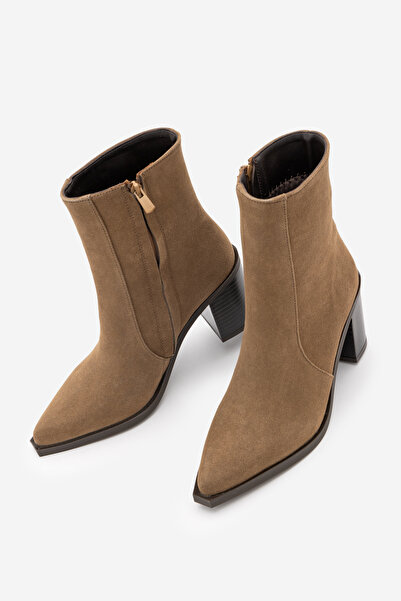 Marjin Women's Pointed Toe Zippered Thick Heeled Boots Ranka Tobacco Brown Suede