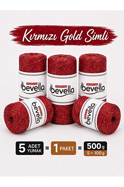 Bevella Macrame Cord Simli Kırmızı Kırmızı Yumuşak Pamuk Cotton Zincir 1.5 mm...