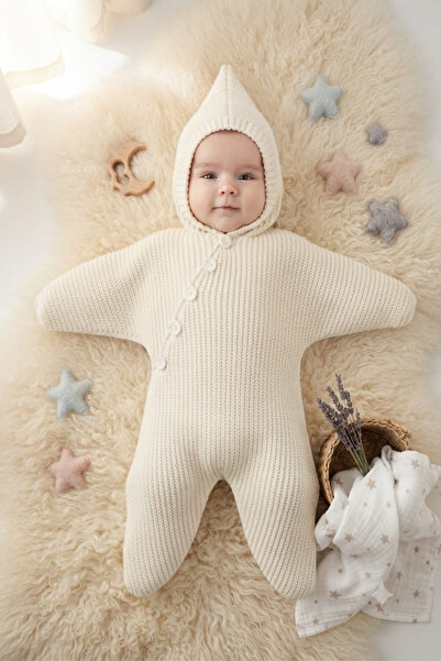 Meriç bebe Star Figured Seamless Hooded Unisex Knitwear Baby Romper 0-6 Months