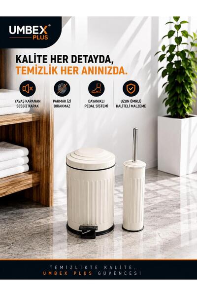 UMBEX PLUS VİNTAGE KREM SET AMORTİSÖRLÜ YAVAŞ KAPANIR ÇÖP KOVASI FIRCA 5 LT