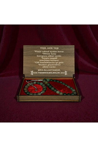 İlkbenaldim Natural Stone Prayer Beads & Bracelet Set – with Wooden Box - Gre...
