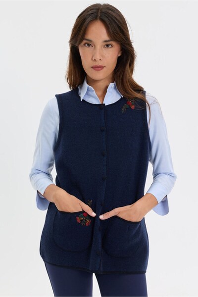 Desen Triko Women's Crew Neck Knitted Rose Embroidered Short Wool Vest Navy Blue