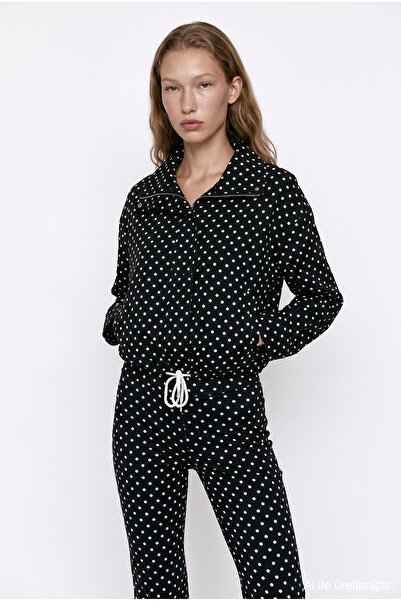 Quzu Polka Dot Stand Collar Short Jacket Black