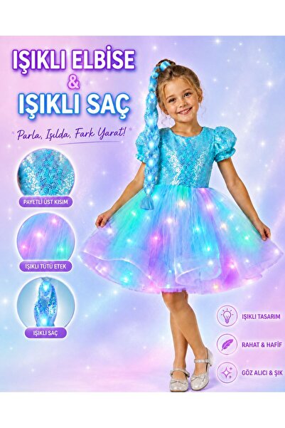 bemora kids payetli mavi ışıklı elbise ışıklı saç 2 li takım kostüm elsa pren...