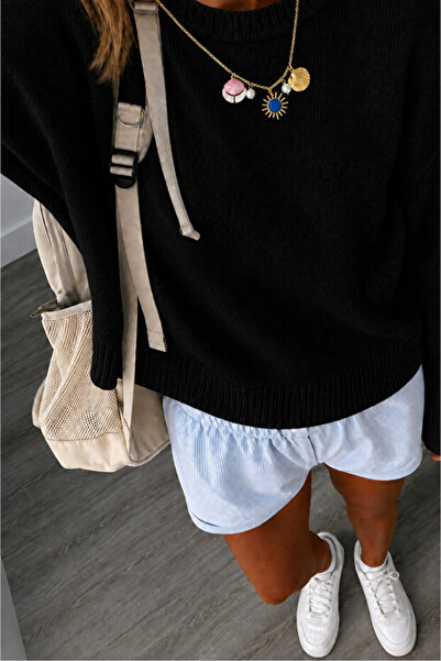 İLMERA Black Crew Neck Oversize Women's Knitwear Sweater