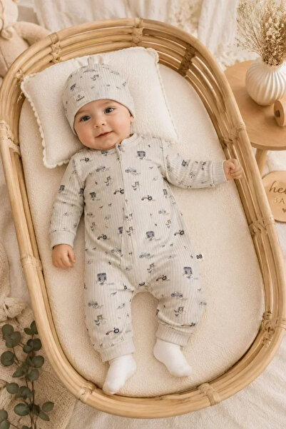 Tuğra Bebe Organik Pamuklu Fitilli Traktör Desenli Erkek Bebek Tulum & Şapka ...