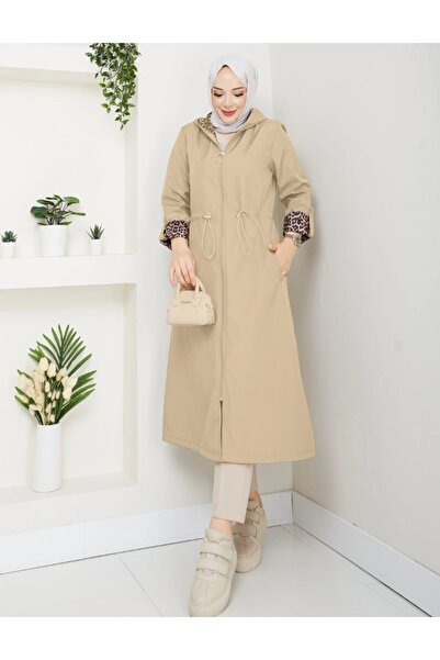 MEHDENEFE Leopard Print Inside Detail Hooded Trench Coat with Elastic Waist M...
