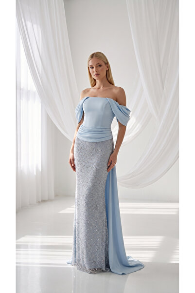 holie dress ZARİF DRAPELİ TAŞLI UZUN BALIK ABİYE ELBİSE