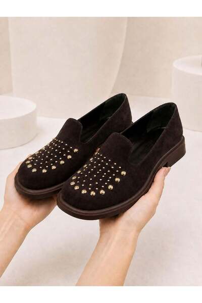 dabab shoes Monica Women's Bitter Brown Suede Stone-Studded Round Toe 2 cm Th...