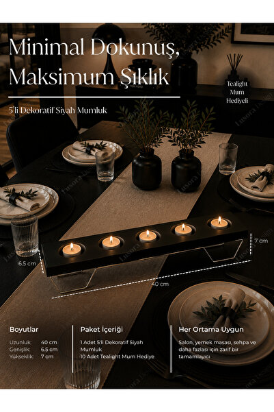 Lusora Design 5’li Tealight Mumluk, 40 cm Metal Ayaklı Dekoratif Masa Üstü Mu...