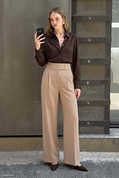 Sateen Bel Detaylı Pantolon - Koyu Bej