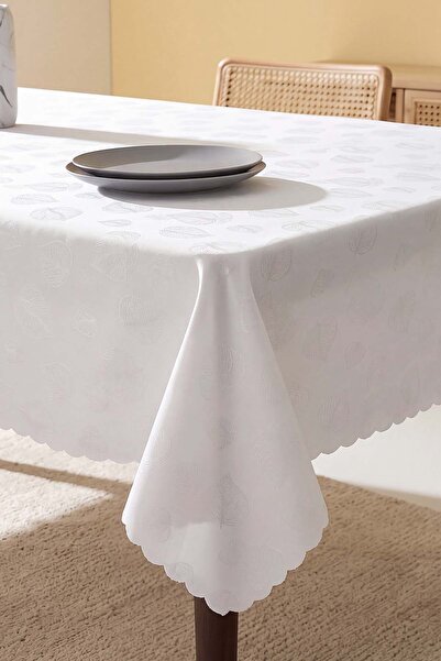 Rivaİstanbul White Leaf Pattern Stain-Resistant Tablecloth 160X220 cm