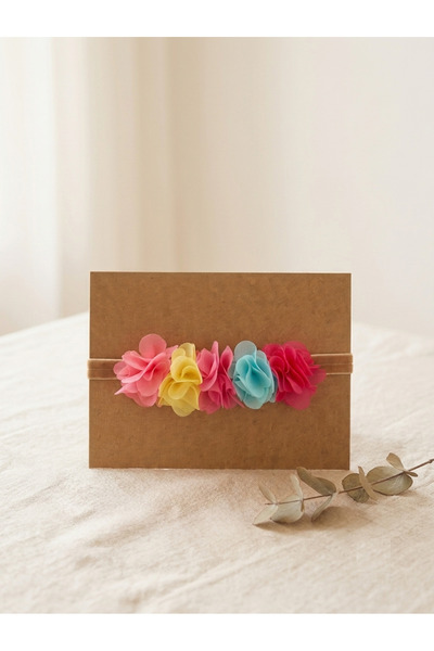 PixyLove Kız Bebek Frida Saç Bandı Rengarenk Çiçekli Kahve Kadife Bant