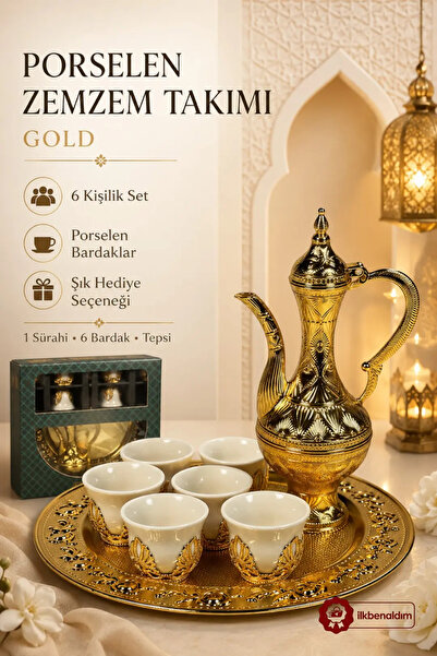 İlkbenaldim Premium Hac Umre İkram ve Ziyaret Hediye Seti – Gold Porselen Takım, 2 Lüks Seccade ve Kur’an