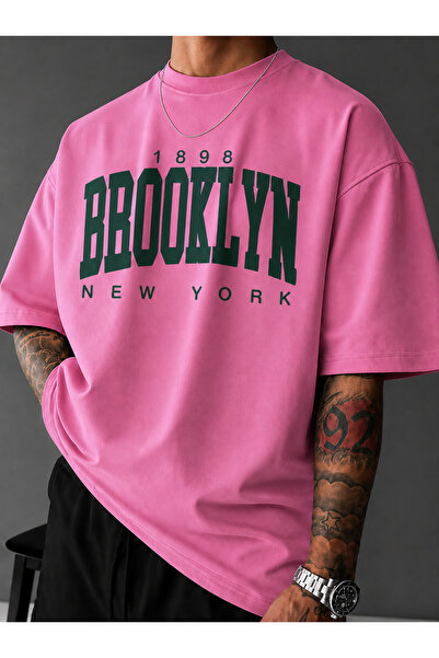 ZAVIXO Brooklyn New York Lettering Printed Oversize Unisex T-Shirt Green Coll...
