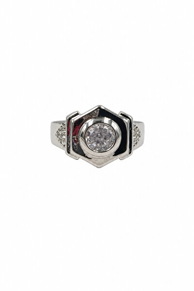 Jack Ferrero Modern Hexagonal Design Zircon Stone Gray Steel Ring