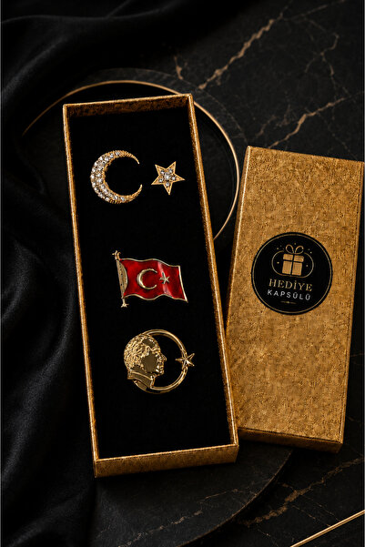 PULİNİN DÜKKANI Ay Yıldız, Bayrak ve Atatürk Figürlü 3’lü Broş Seti – Premium...
