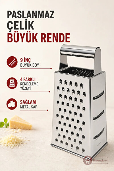 İlkbenaldim Stainless Steel Large Size Grater 9 Inch 4 Surfaces with Metal Ha...
