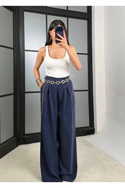 Olbia Women's Navy Blue Belted Pleated Palazzo Trousers with Pockets