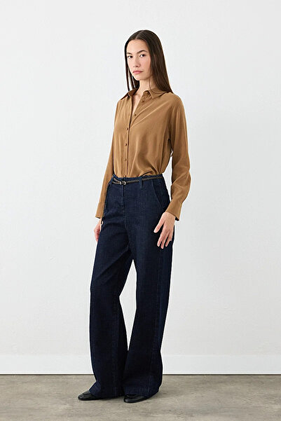 Gusto Knitted Belted Wide Leg Denim Trousers - Navy Blue