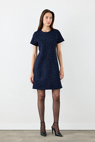 Gusto Short Sleeve Tweed Dress - Navy Blue