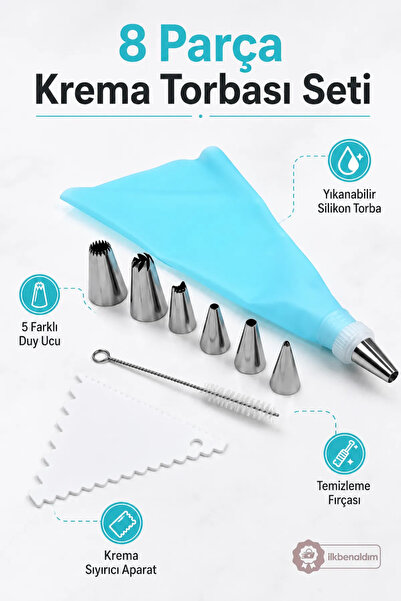 İlkbenaldim 8 Piece Silicone Cream Bag Set with 6 Nozzles for Cake Decorating...