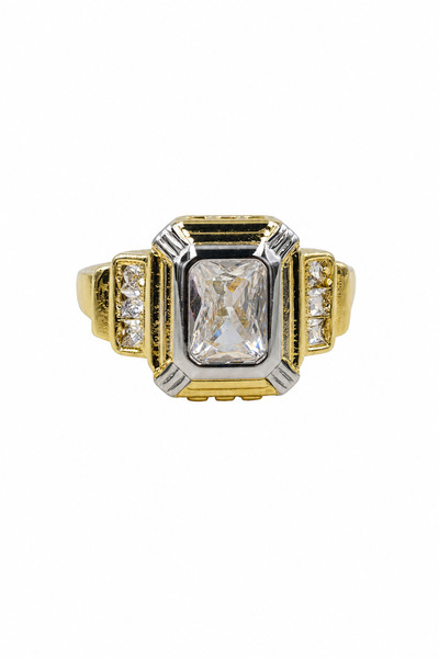 Jack Ferrero Stylish Steel Ring with Rectangular Stone in Yellow and Grey Tones