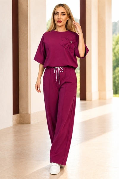 FashionForYou Set casual din două piese Solenne, cu detalii florale și crista...