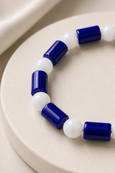 İlkbenaldim Double Color Onyx Natural Stone Cylinder Bracelet |   Stylish and Modern Unisex Bracelet - Navy Blue