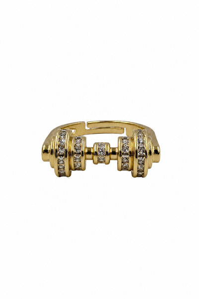 Jack Ferrero Adjustable Stone Detailed Dumbbell Design Yellow Tone Steel Ring
