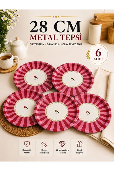HAZARPAZAR 6 Adet Dekoratif Yuvarlak Metal Tepsi – Sunum Tabağı Çizgili Desen...
