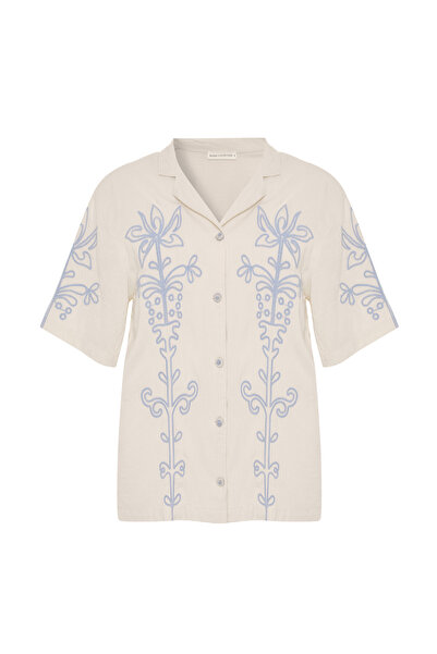 Mudo Women's Ecru Oversize Embroidered Short Sleeve Shirt
