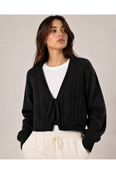 WE&ME Women's V-Neck Tie Hair Braid Patterned Long Sleeve Crop Knitwear Cardigan