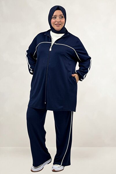 Eslina 67073 Plus Size Ribbed Modal Pants Set - Navy Blue